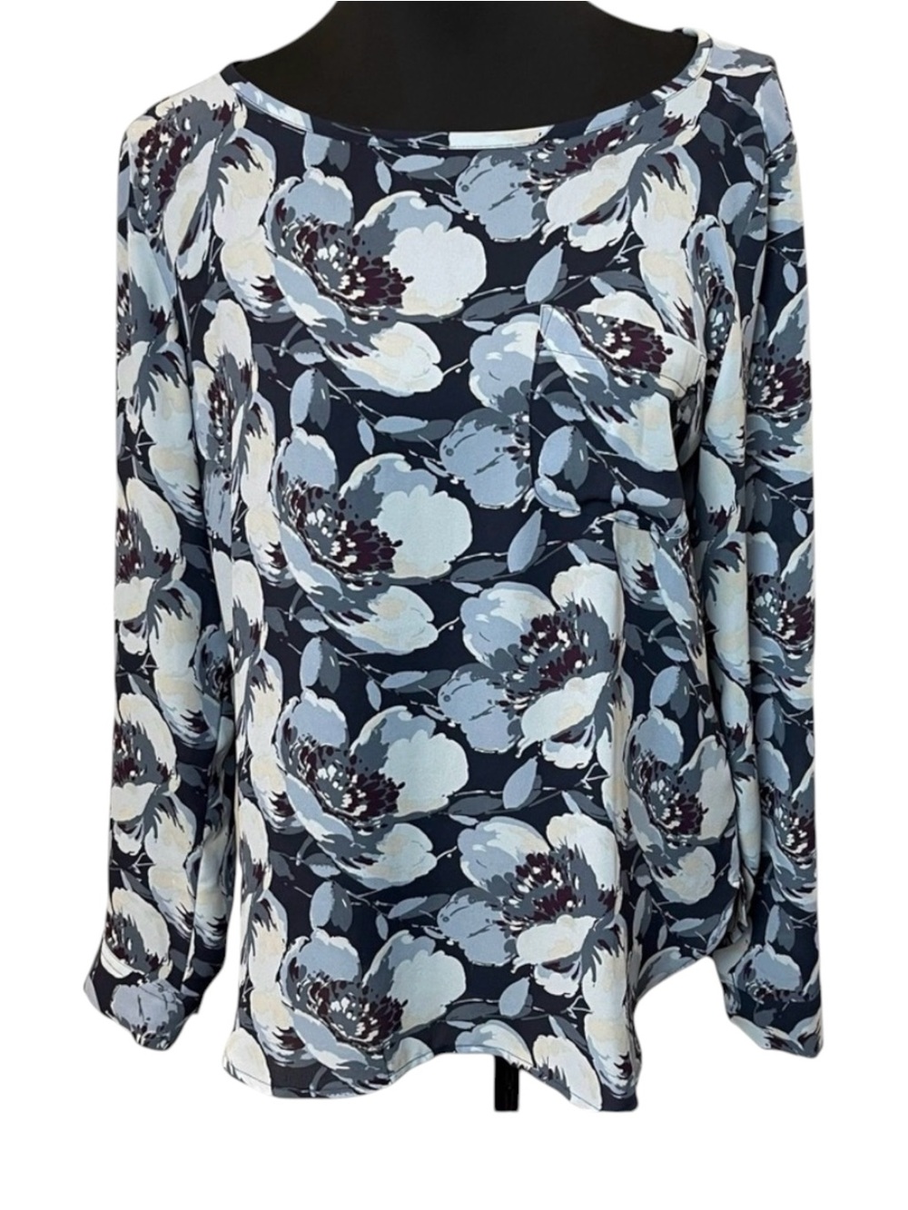 LOFT Navy/Light Blue Floral Long Sleeve Scoop Neck Blouse Top (M)